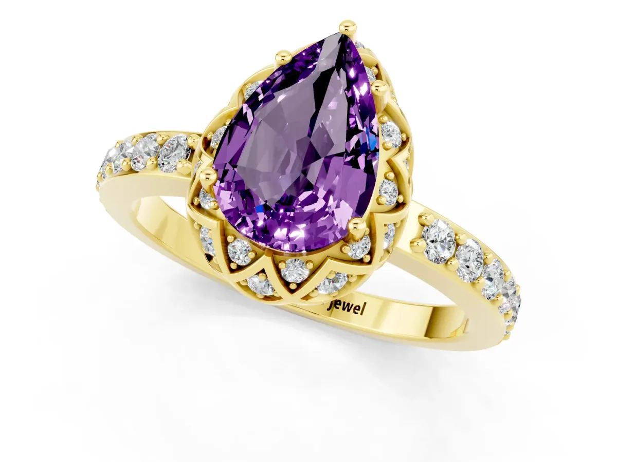 Pear Cut Amethyst Scalloped Halo Engagement Ring with Round Shared Prong Band Yellow gold