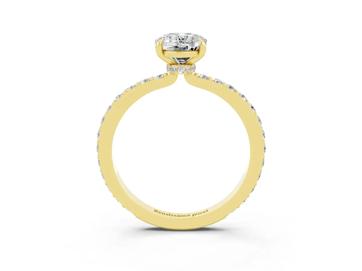 Oval Cut Moissanite Solitaire Engagement Ring with Pavé Band and Four-Prong Setting Yellow gold
