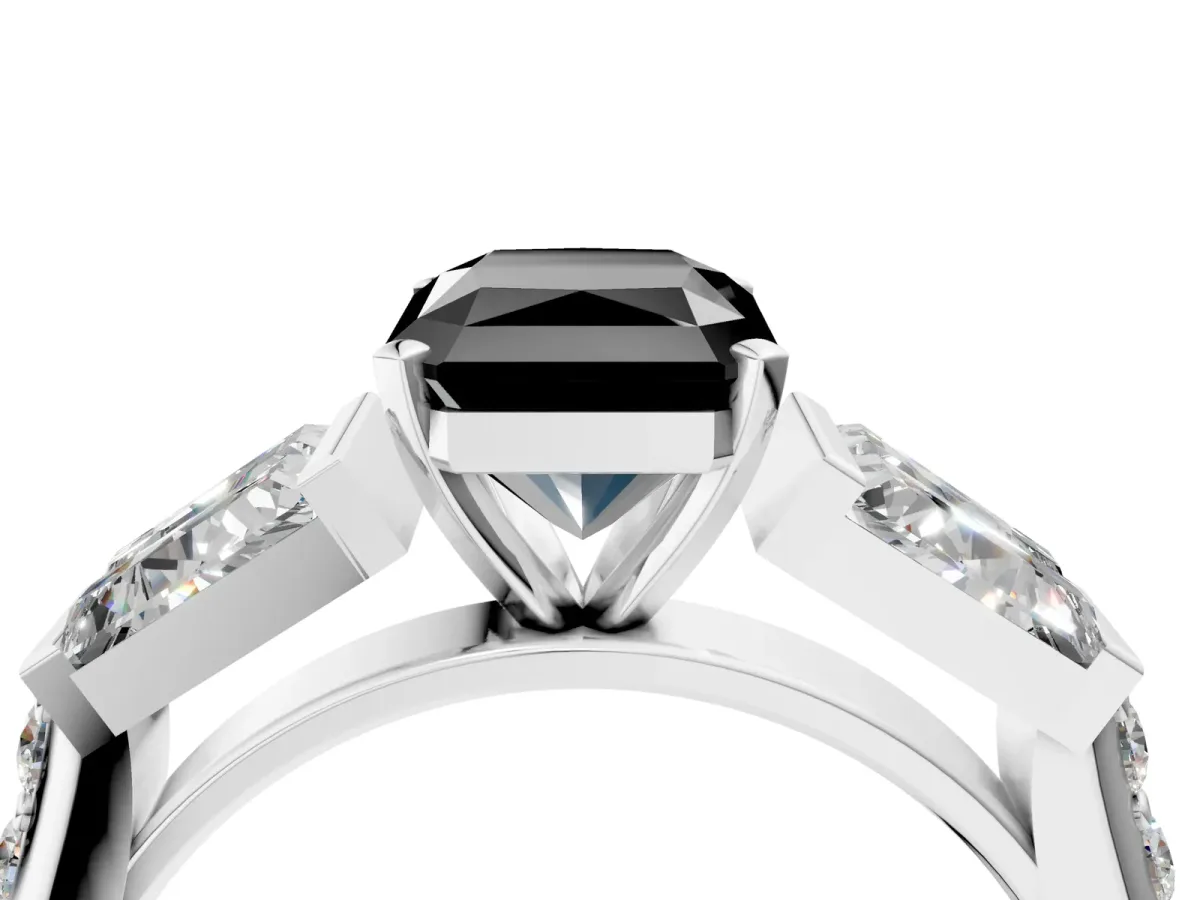 Fancy Black Radiant Cut Diamond Engagement Ring with Baguette Side Stones and Channel Set Band Platinum