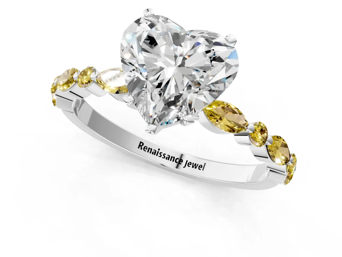 Heart Cut Diamond Ring with Marquise and Round Yellow Sapphire Side Stones and Four-Prong Setting Platinum