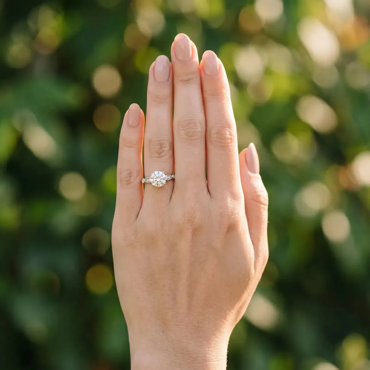 Round Cut Cut Diamond with Milgrain Marquise and Bezel Accents on a Solitaire Band with Prong Setting Silver