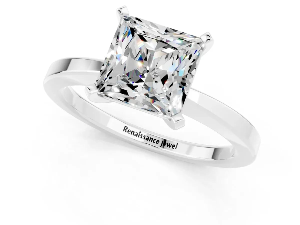 Princess Cut Moissanite Solitaire Engagement Ring with Classic Band and Four-Prong Setting White gold