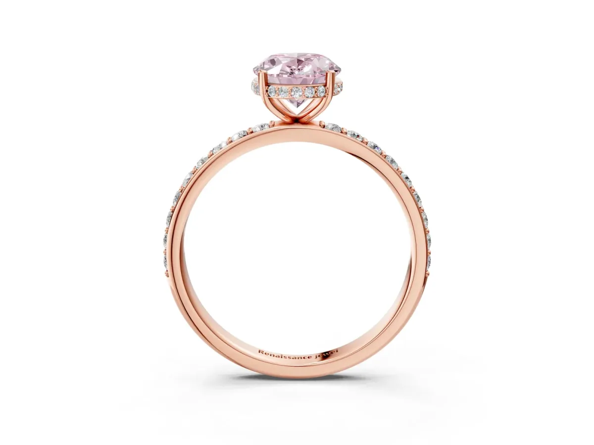 Fancy Pink Oval Cut Diamond Solitaire Ring with Pavé Band and Hidden Halo Rose gold