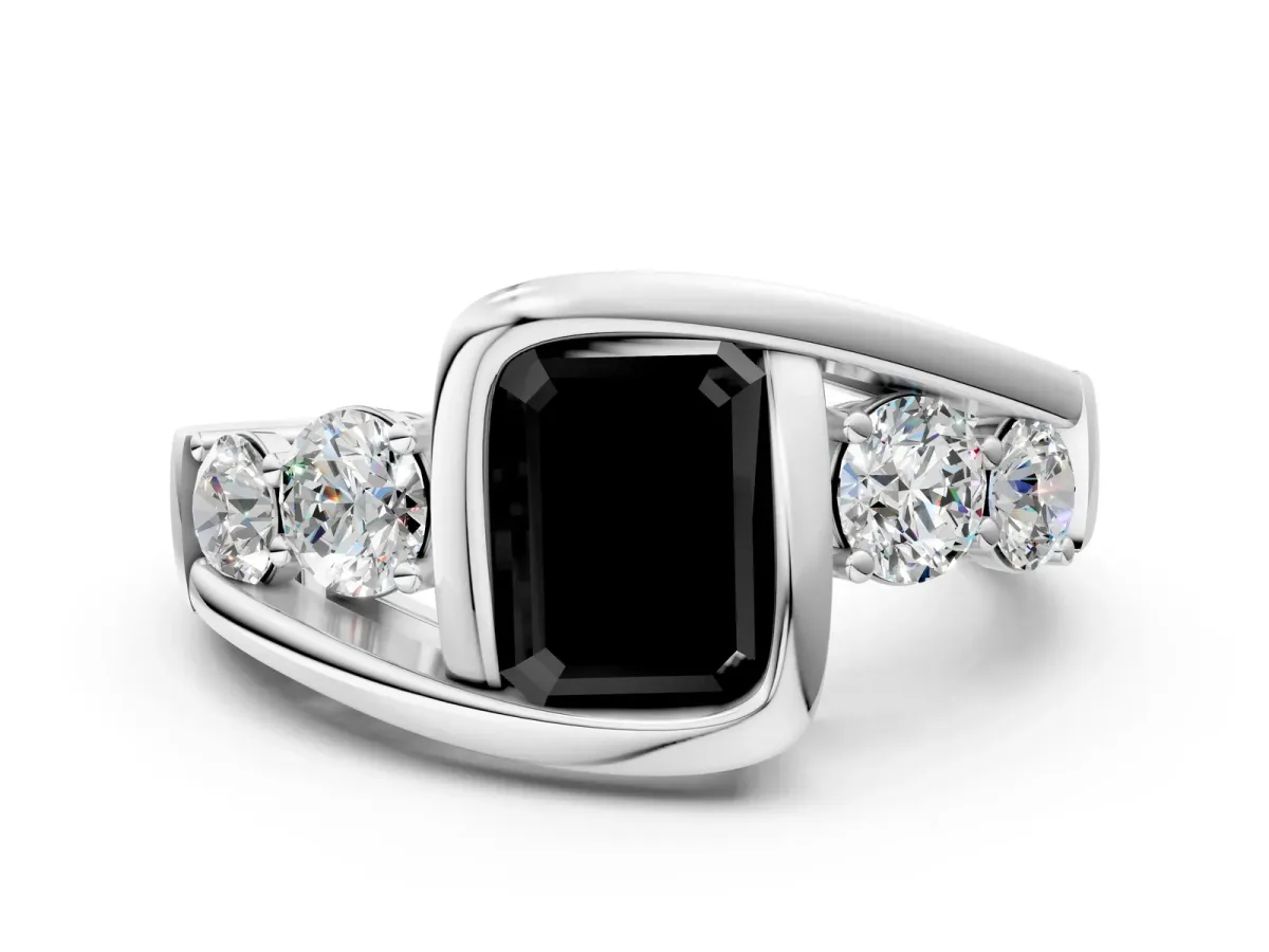 Fancy Black Bezel Set Emerald Cut Diamond Bypass Ring with Round Accents Silver