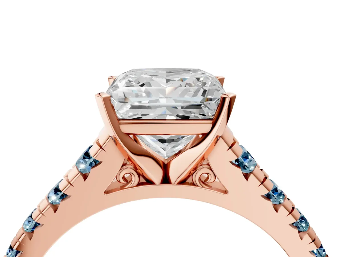 Princess Cut Diamond Cathedral Solitaire Ring with Round Aquamarine Pavé Band Rose gold
