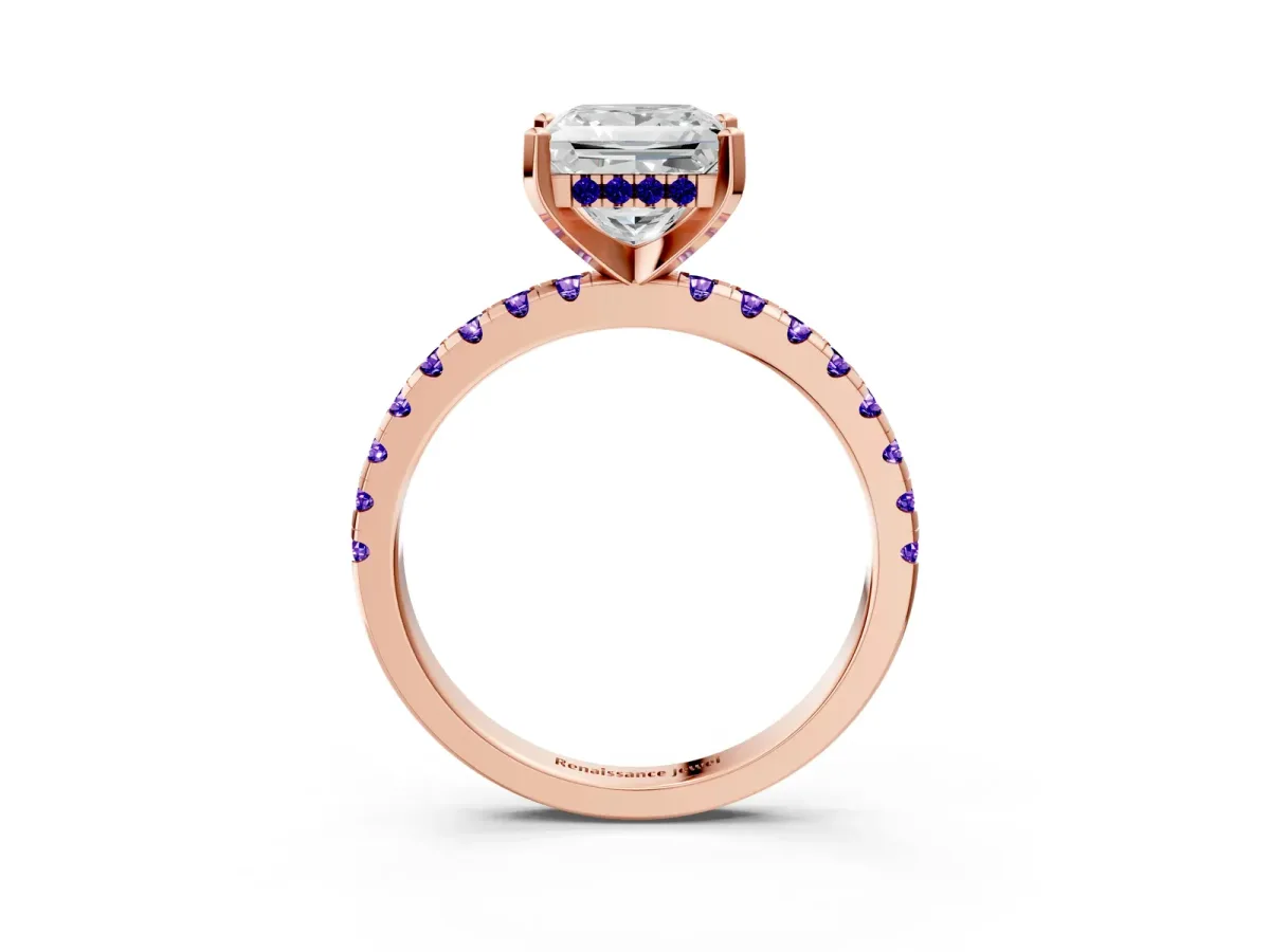 Princess Cut Diamond Solitaire Ring with Round Tanzanite Pavé Band and Four-Prong Setting Rose gold
