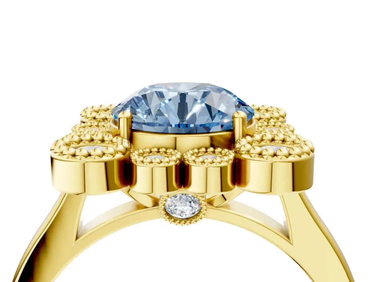 Fancy Blue Round Cut Halo Diamond Cluster Engagement Ring with Milgrain Bezel Setting and Solitaire Band Yellow gold
