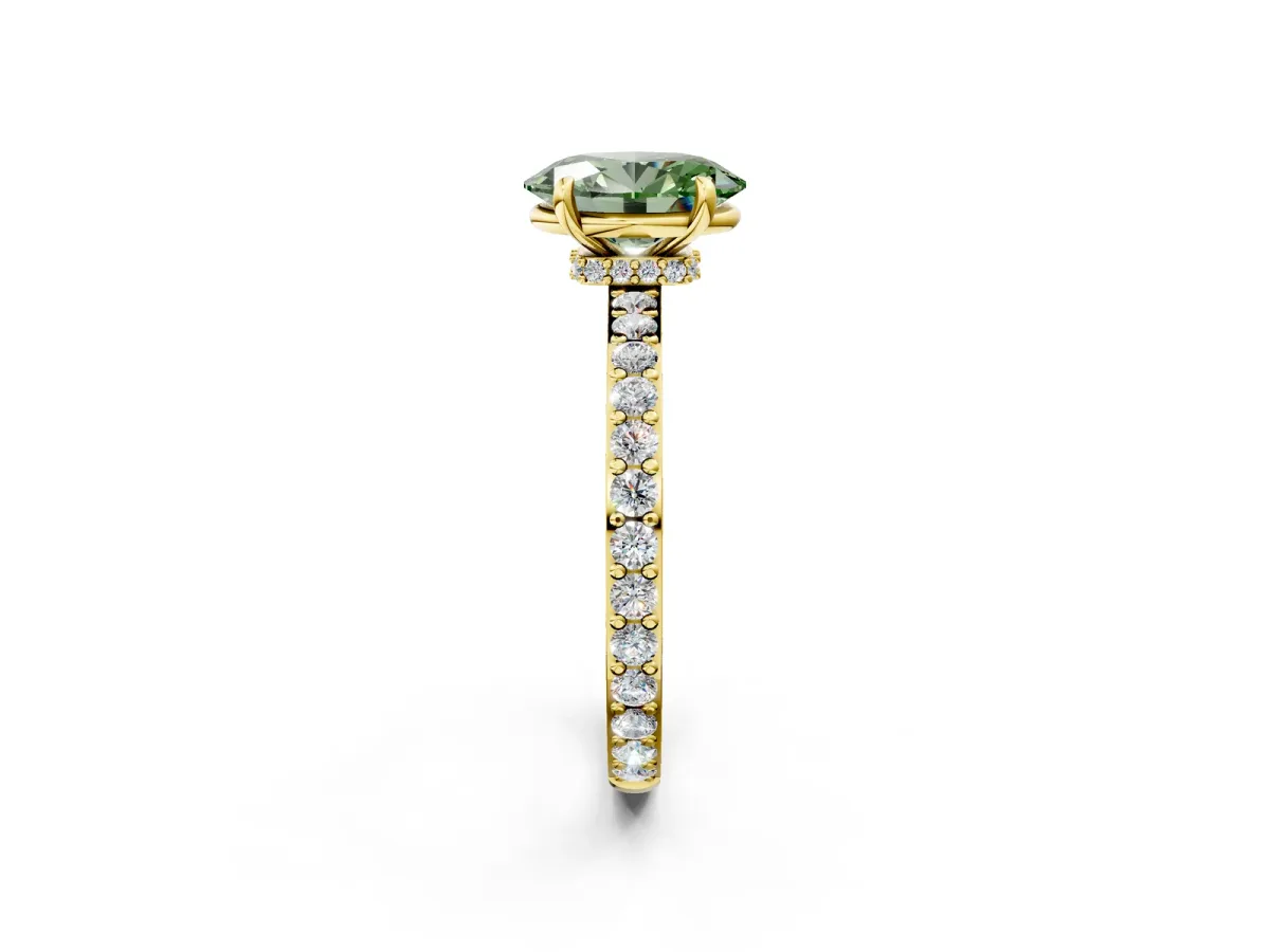 Fancy Green Oval Cut Diamond Solitaire Engagement Ring with Pavé Band and Four-Prong Setting Yellow gold
