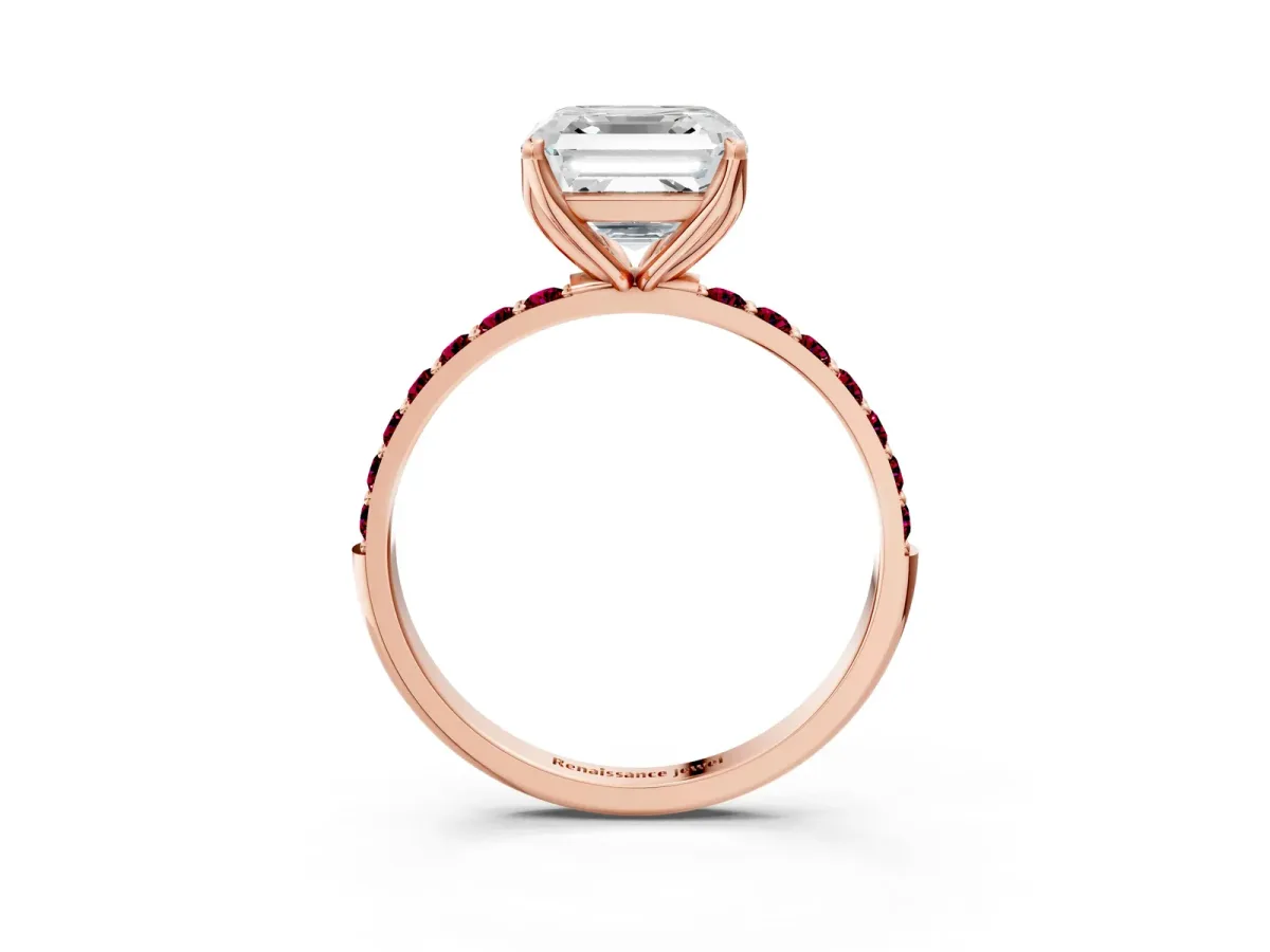 Asscher Cut Diamond Solitaire Engagement Ring with Round Garnet Pavé Band and Prong Setting Rose gold