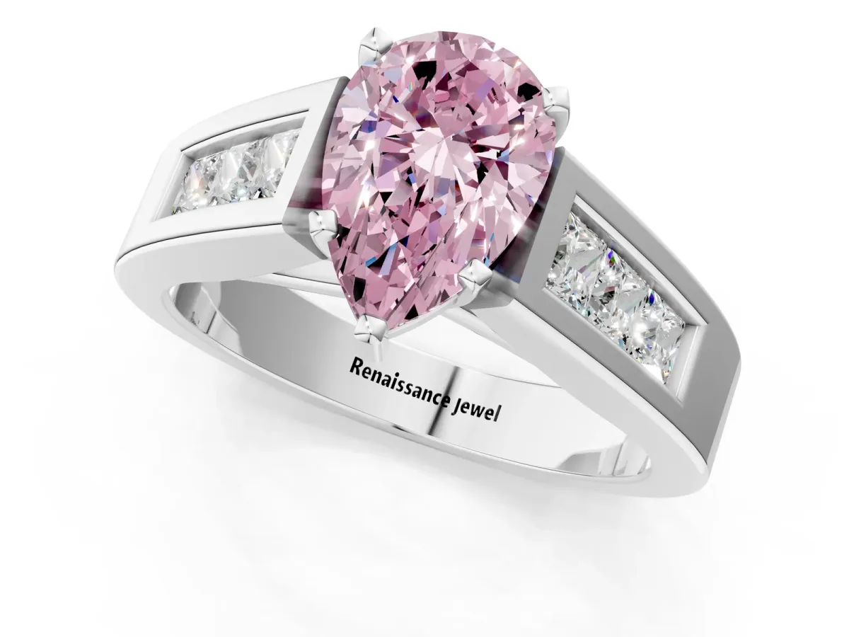 Fancy Pink Pear Cut Cut Channel Set Solitaire Ring with Four-Prong Setting Platinum