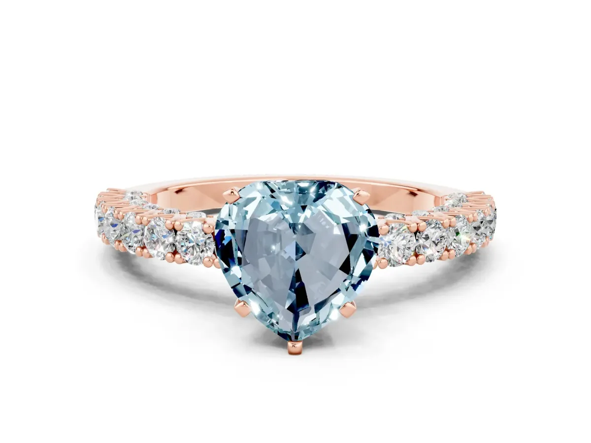 Heart Cut Aquamarine Solitaire Ring with Round Accent Pavé Band and Prong Setting Rose gold