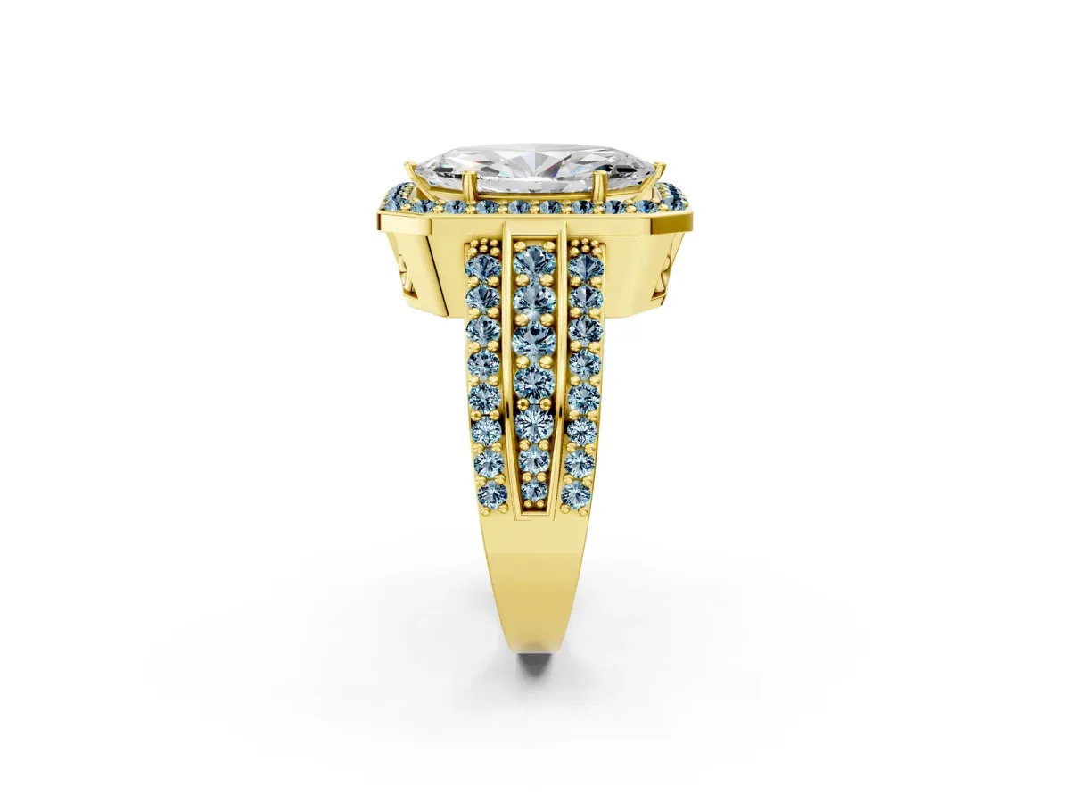 Marquise Cut Halo Diamond Ring with Round Aquamarine Split Shank and Prong Setting Yellow gold