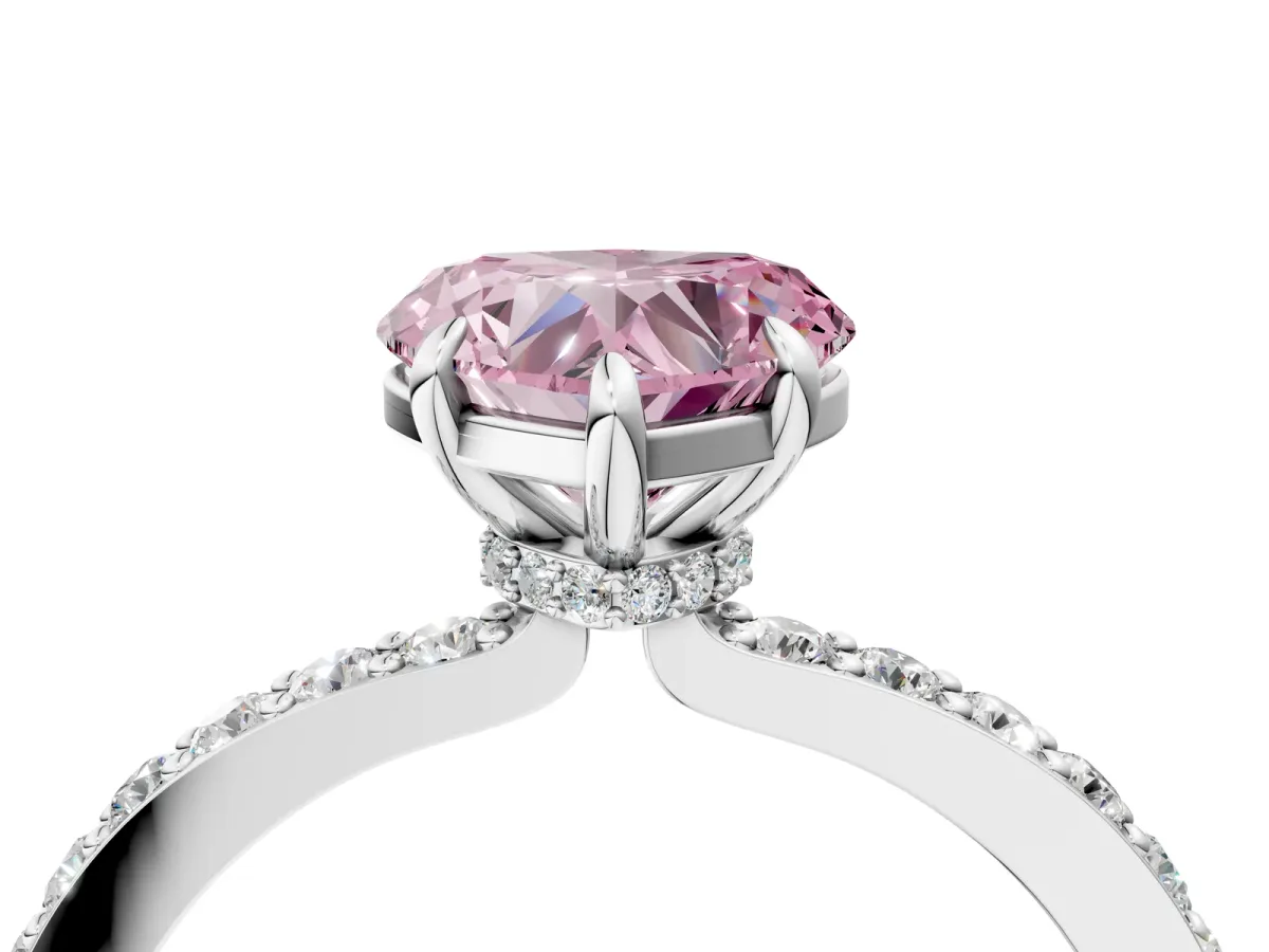 Fancy Pink Heart Cut Diamond Solitaire Engagement Ring with Pavé Band and Four-Prong Setting White gold