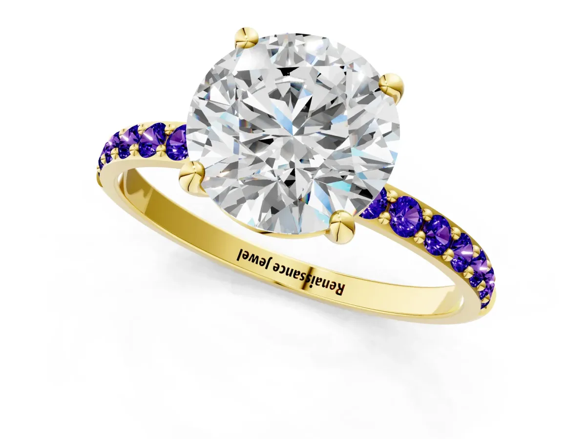 Round Cut Diamond Solitaire Ring with Round Tanzanite Pavé Band and Prong Setting Yellow gold