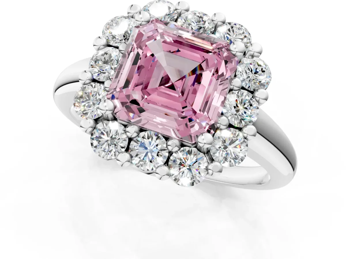 Fancy Pink Asscher Cut Halo Cluster Diamond Engagement Ring with Prong Setting and Polished Band Platinum