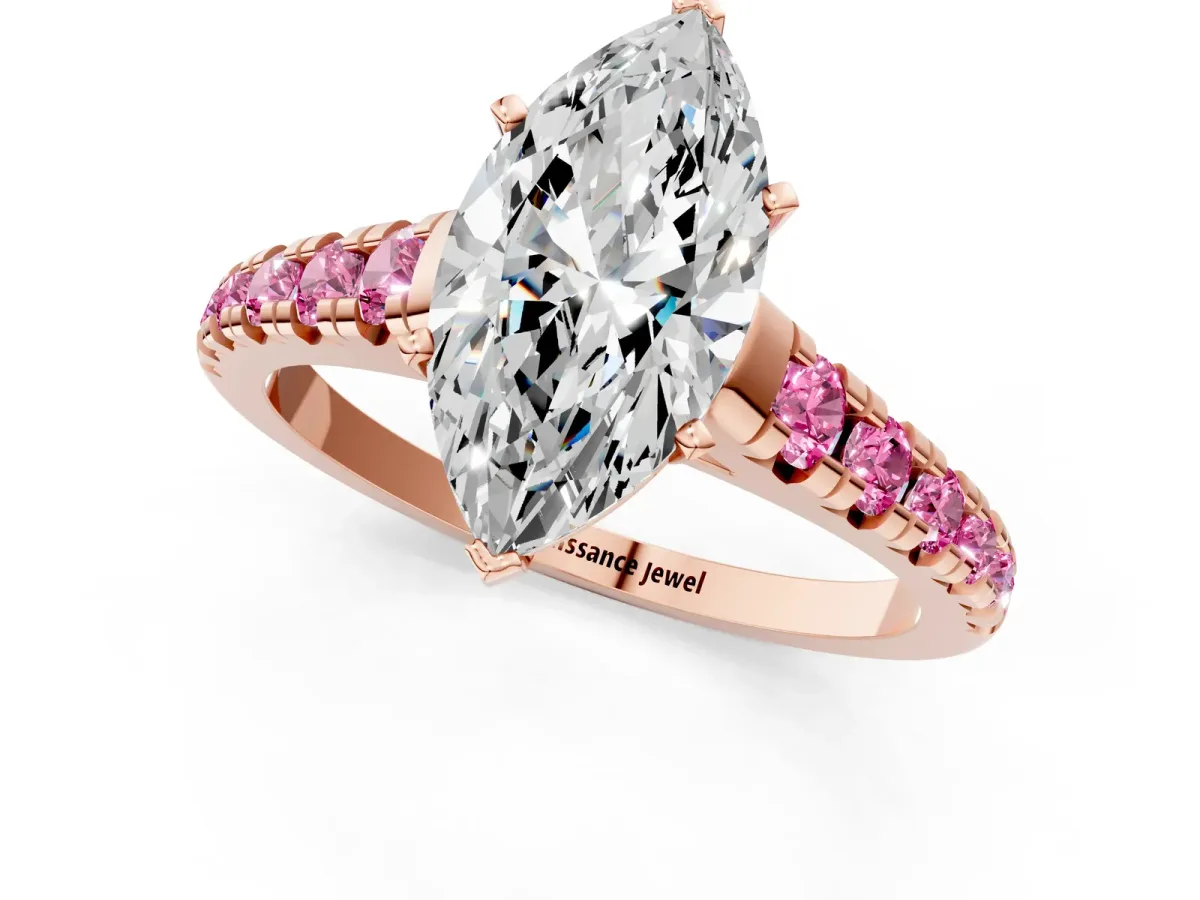 Marquise Cut Diamond Cathedral Solitaire Ring with Round Pink Sapphire Pavé Band Rose gold