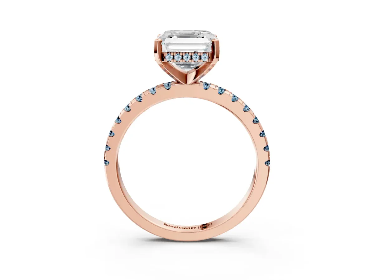 Asscher Cut Diamond Solitaire Ring with Round Aquamarine Pavé Band and Four-Prong Setting Rose gold