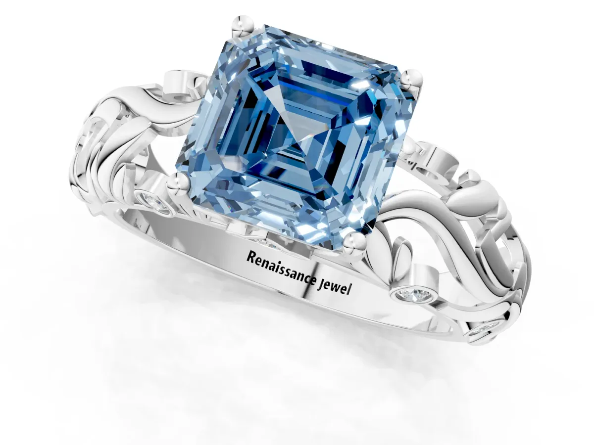 Fancy Blue Asscher Cut Solitaire Diamond Leaf-Inspired Vine Band Ring with Prong Setting Platinum