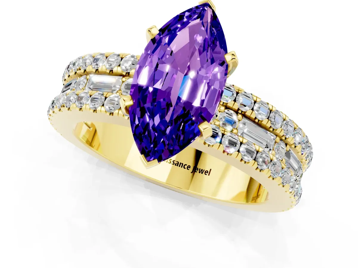 Marquise Cut Tanzanite Solitaire Ring with Pavé and Channel Set Band Yellow gold