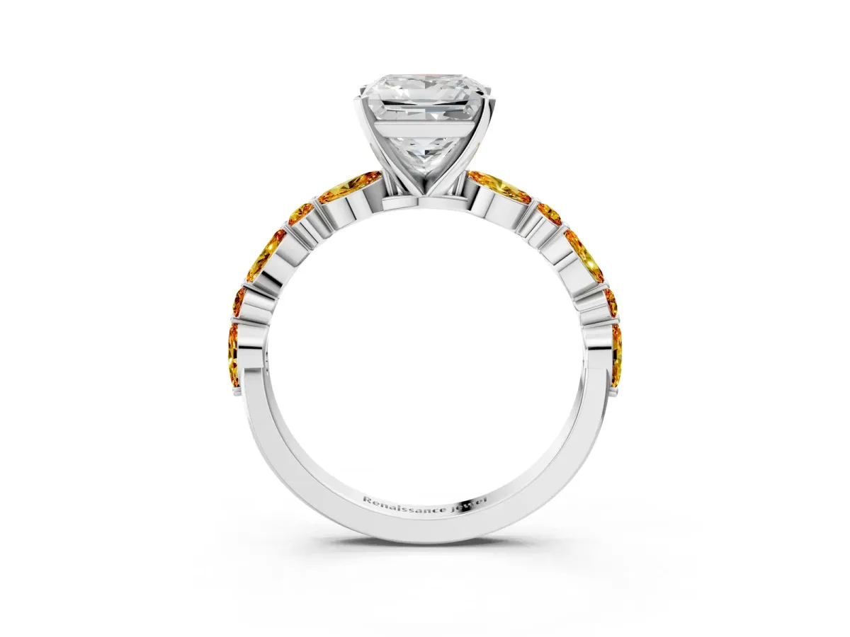 Princess Cut Diamond Ring with Marquise and Round Citrine Side Stones and Four-Prong Setting White gold