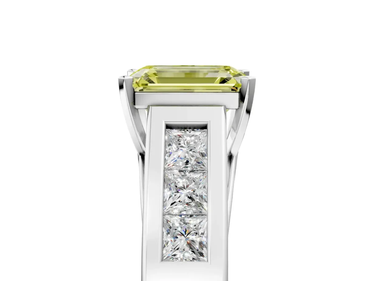 Fancy Yellow Emerald Cut Cut Channel Set Solitaire Ring with Four-Prong Setting White gold