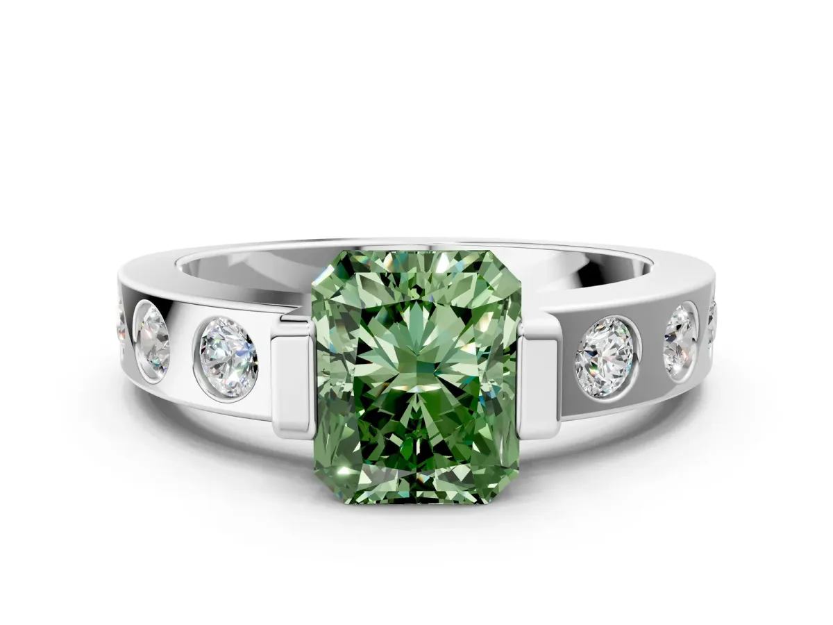 Fancy Green Radiant Cut Brilliant Channel-Set Diamond Ring with Bezel Prong Setting Platinum
