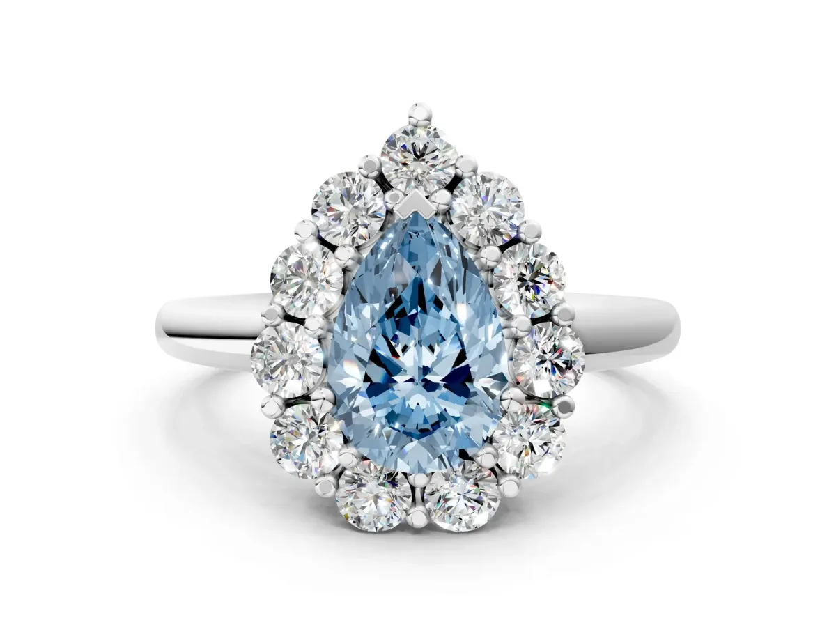 Fancy Blue Pear Cut Halo Cluster Diamond Engagement Ring with Prong Setting and Polished Band White gold