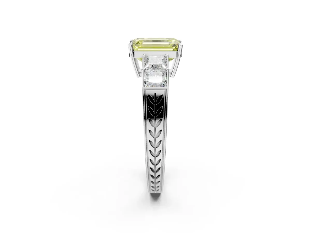 Fancy Yellow Emerald Cut Solitaire Princess Side Stone Engraved Band Prong Setting Ring Silver