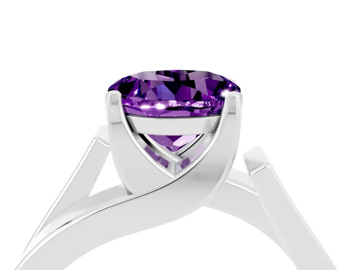 Modern Tension Set Round Cut Amethyst Solitaire Wide Band Ring Silver