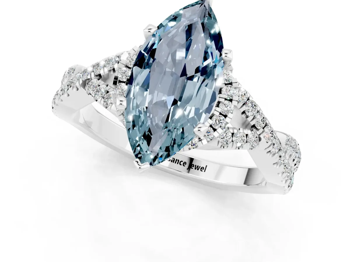 Marquise Cut Aquamarine Halo Twist Band Solitaire Prong Setting Ring White gold