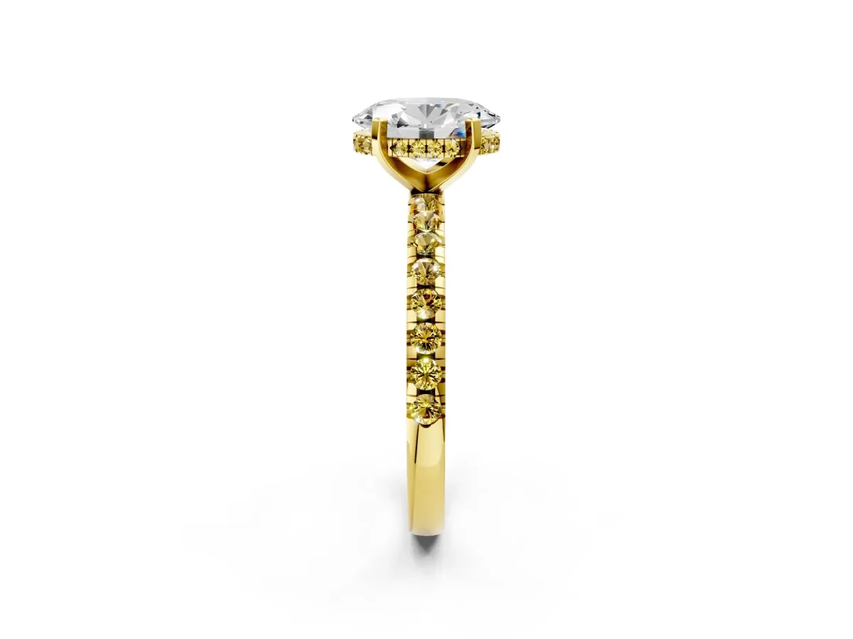 Oval Cut Diamond Solitaire Ring with Round Yellow Sapphire Pavé Band and Four-Prong Setting Yellow gold