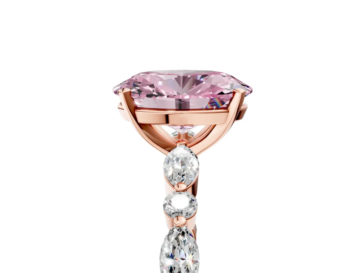 Fancy Pink Oval Cut Diamond Ring with Marquise and Round Side Stones and Four-Prong Setting Rose gold