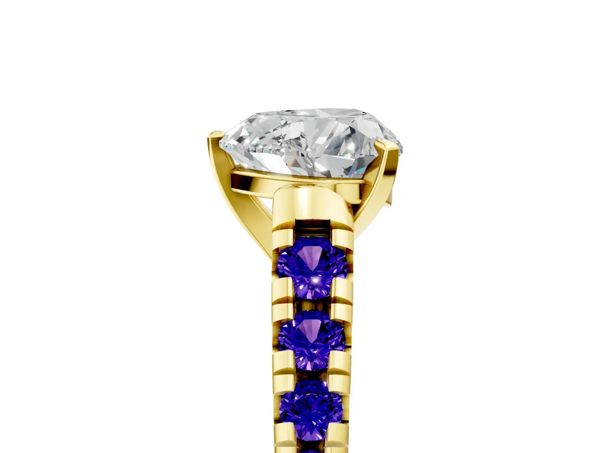 Heart Cut Diamond Cathedral Solitaire Ring with Round Tanzanite Pavé Band Yellow gold