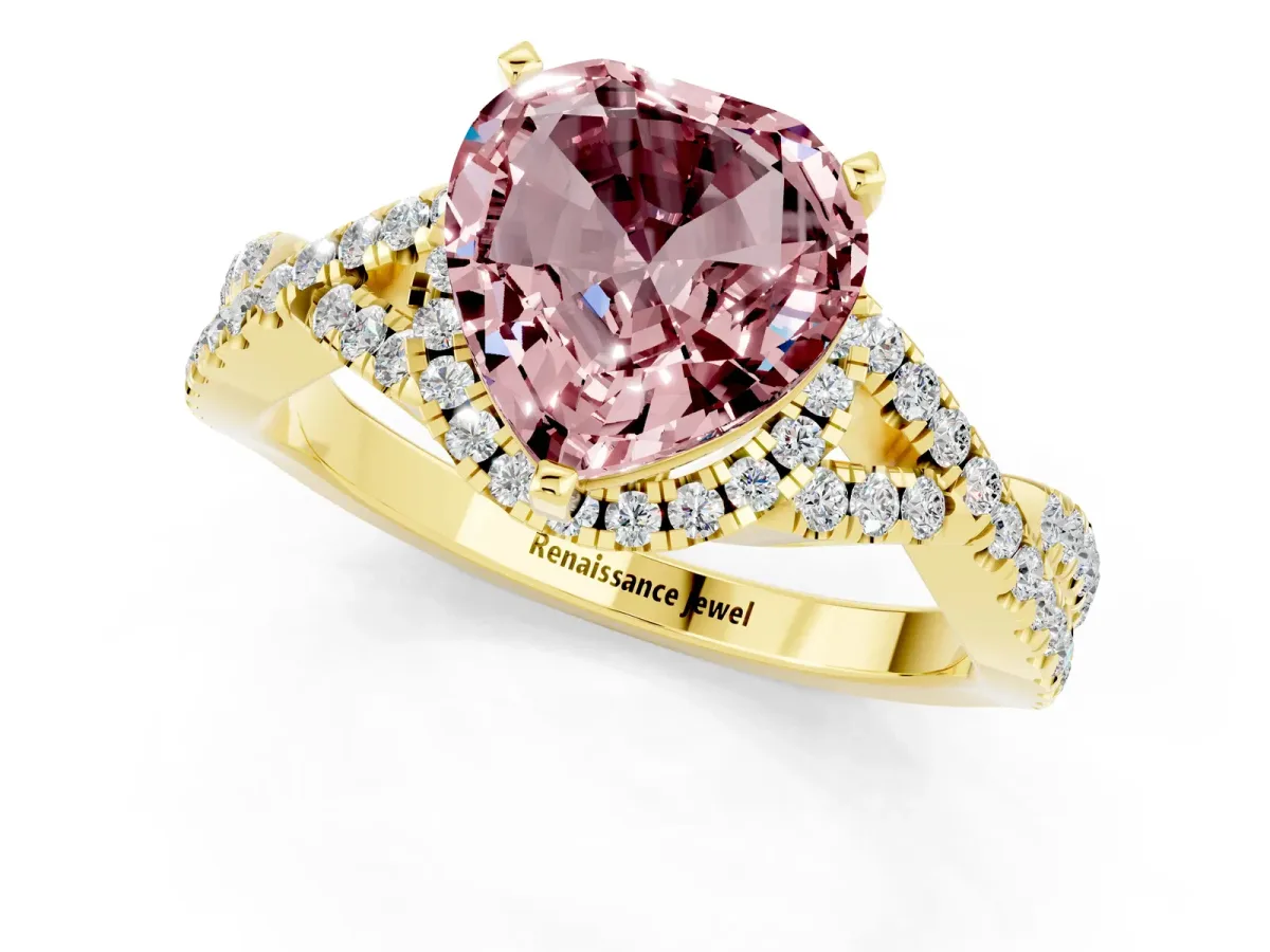 Heart Cut Morganite Halo Twist Band Solitaire Prong Setting Ring Yellow gold