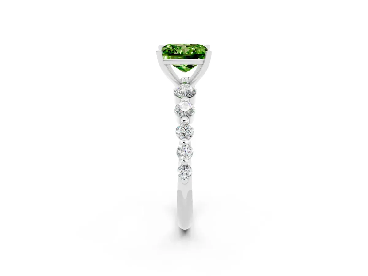 Princess Cut Solitaire Peridot Ring with Pave Band and Four-Prong Setting Silver