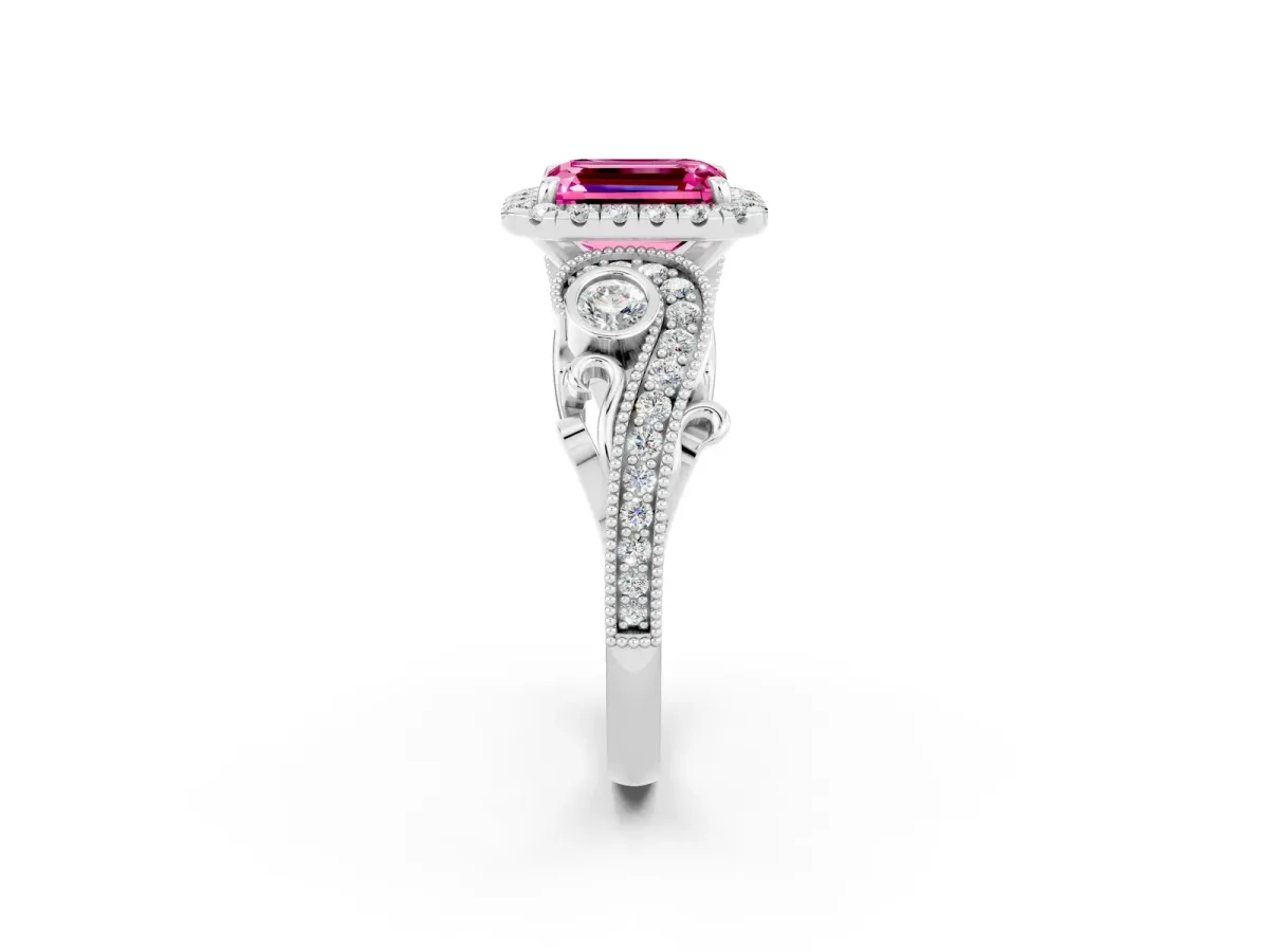 Emerald Cut Pink Sapphire Halo Ring with Milgrain Pavé Band and Four-Prong Setting White gold