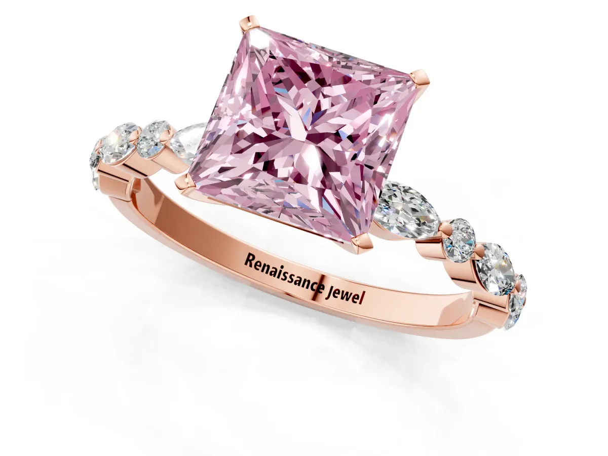 Fancy Pink Princess Cut Diamond Ring with Marquise and Round Side Stones and Four-Prong Setting Rose gold