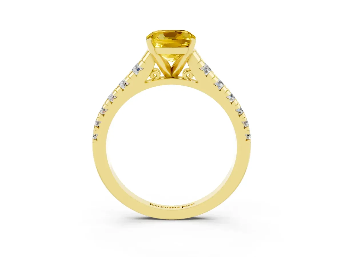 Cushion Cut Yellow Sapphire Cathedral Solitaire Ring with Round Pavé Band Yellow gold