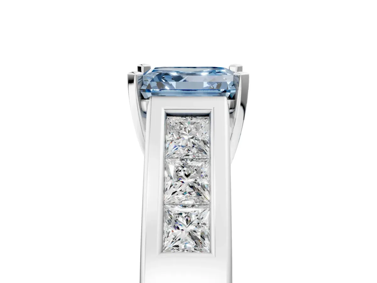 Fancy Blue Asscher Cut Cut Channel Set Solitaire Ring with Four-Prong Setting Platinum