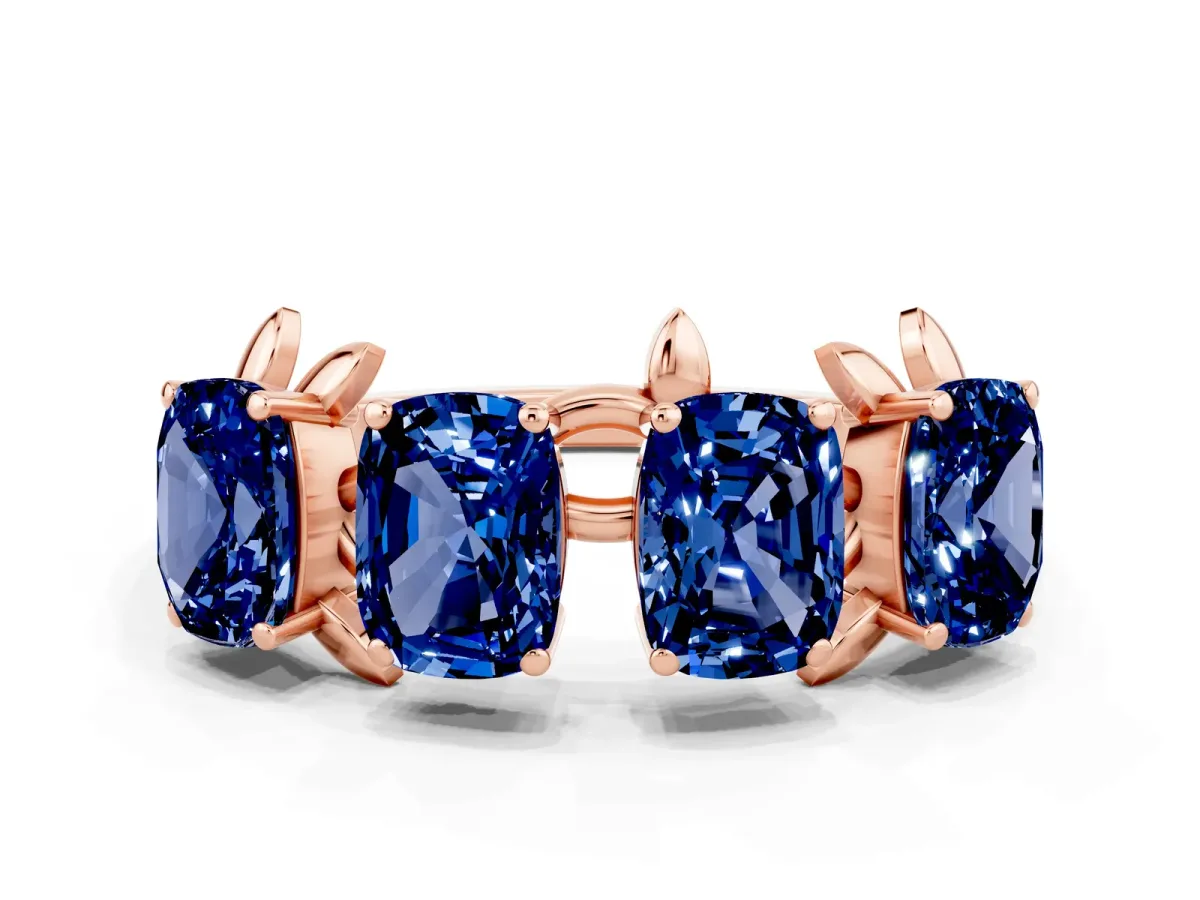 Four-Stone Elongated Cushion Blue Sapphire Band with Nature-Inspired Prong Setting Rose gold