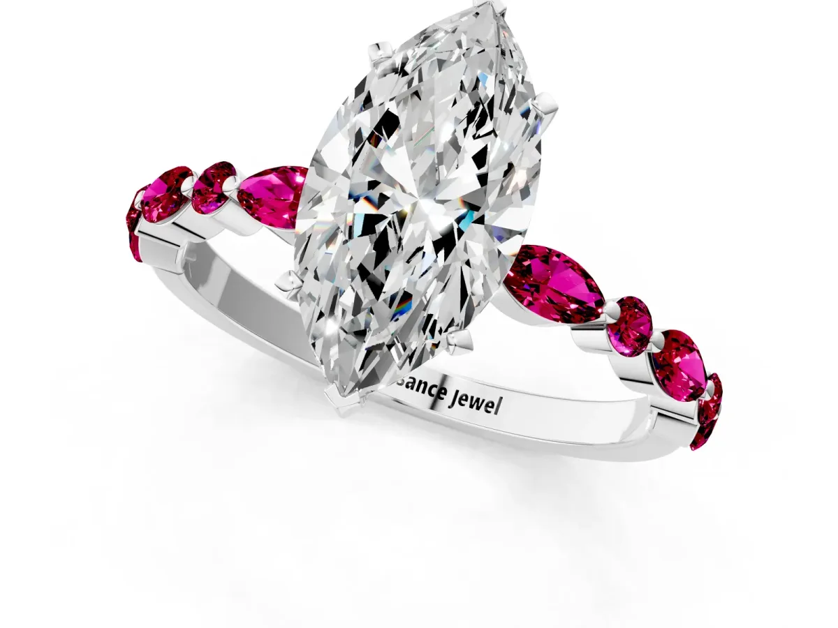 Marquise Cut Diamond Ring with Marquise and Round Garnet Side Stones and Four-Prong Setting White gold