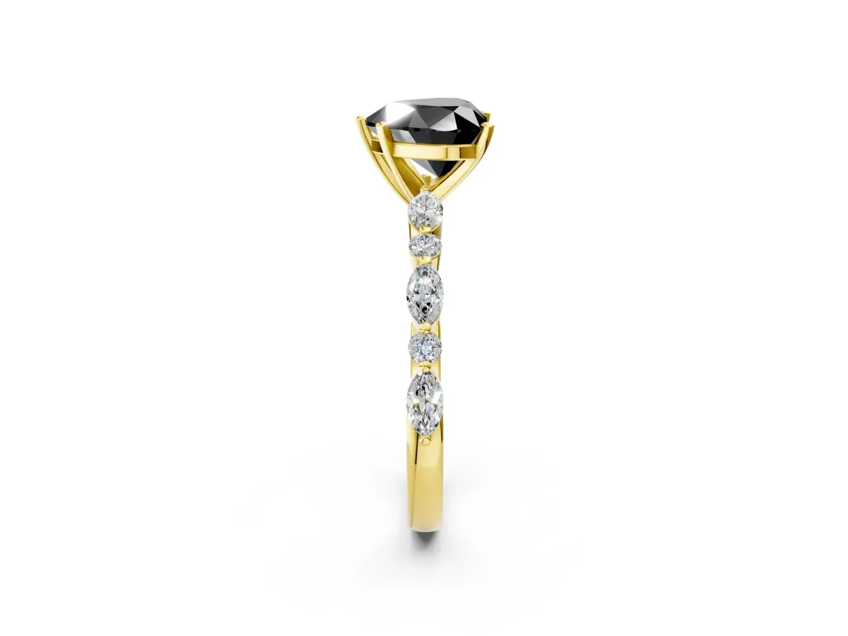 Fancy Black Heart Cut Diamond Ring with Marquise and Round Side Stones and Four-Prong Setting Yellow gold