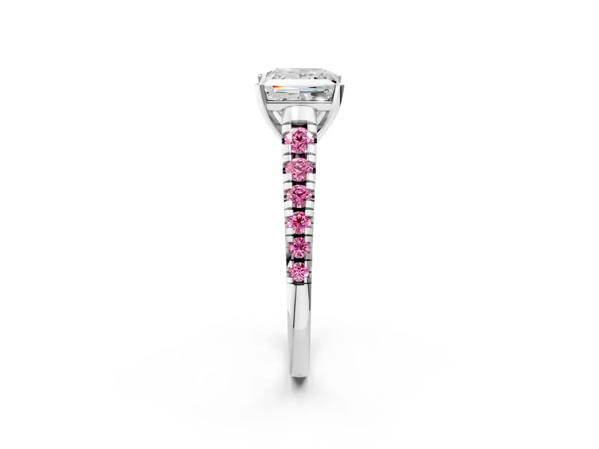 Princess Cut Diamond Cathedral Solitaire Ring with Round Pink Sapphire Pavé Band White gold