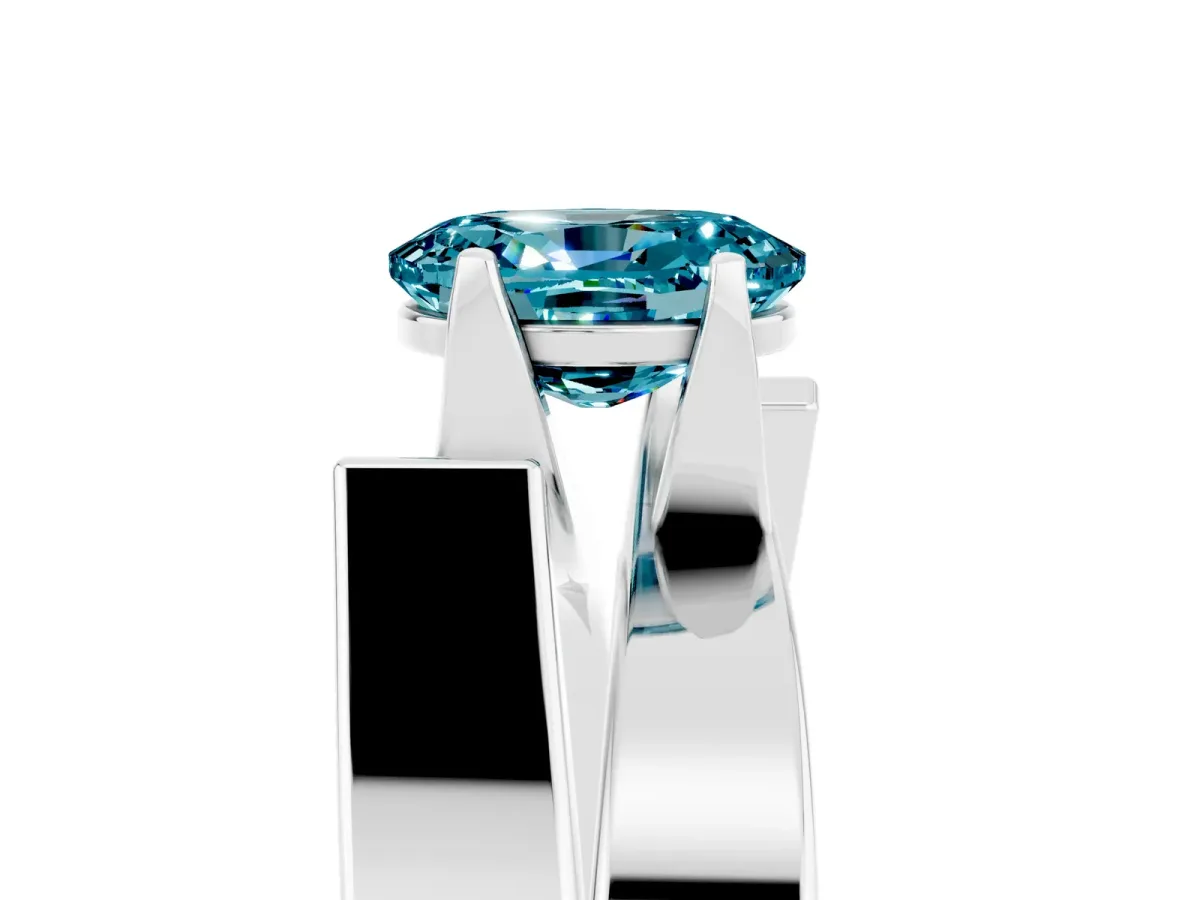 Modern Tension Set Oval Cut Blue Topaz Solitaire Wide Band Ring Silver