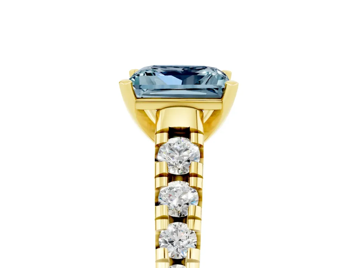 Princess Cut Aquamarine Cathedral Solitaire Ring with Round Pavé Band Yellow gold