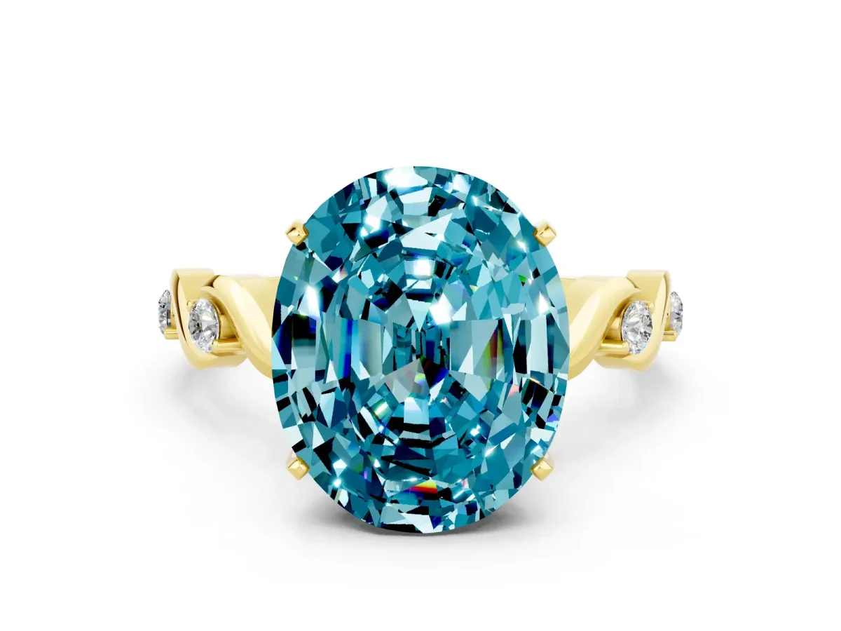 Oval Cut Blue Topaz Solitaire Twisted Band with Round Accents and Prong Setting Yellow gold
