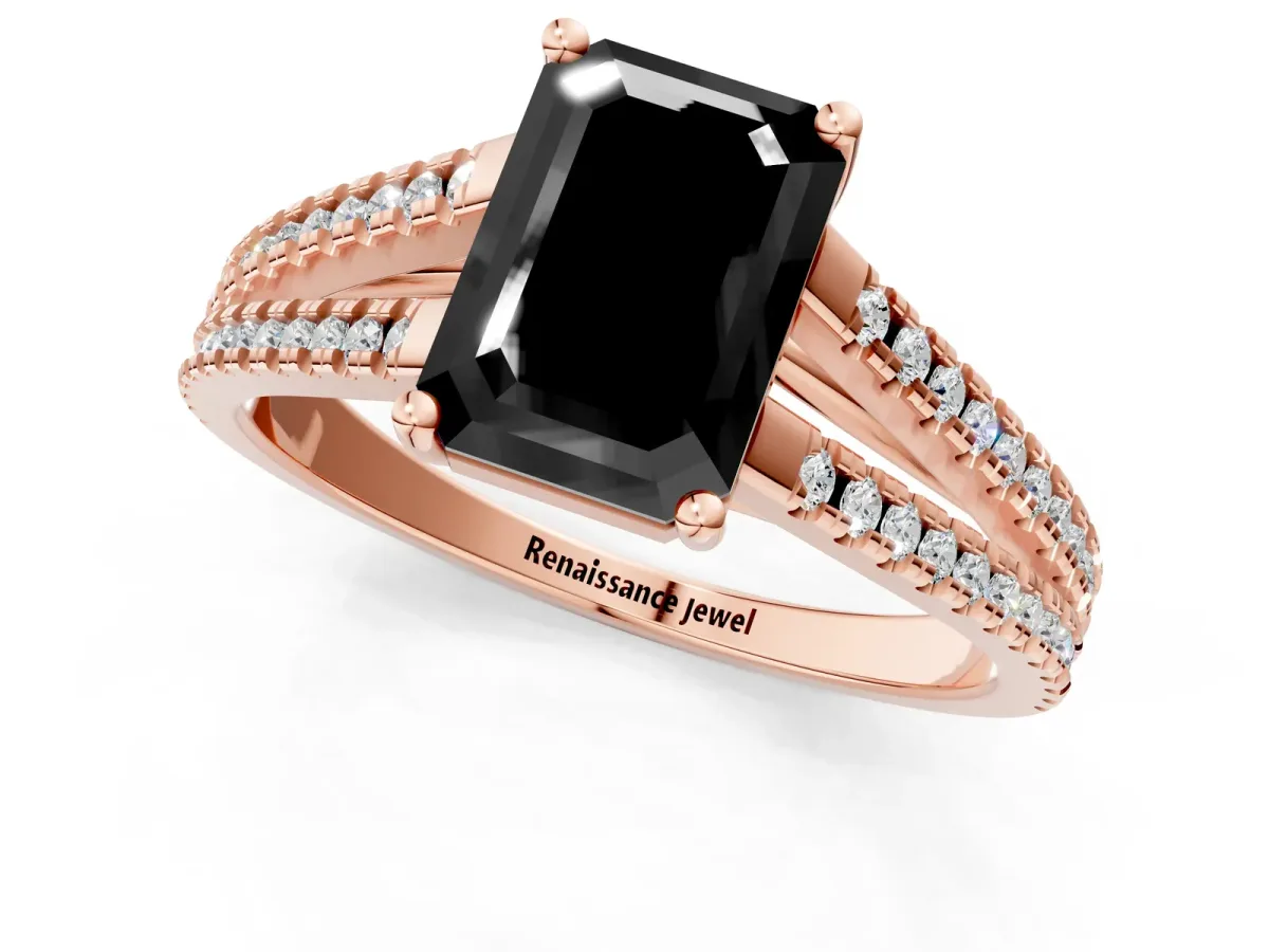 Fancy Black Emerald Cut Diamond Solitaire Engagement Ring with Split Shank Pavé Band Rose gold