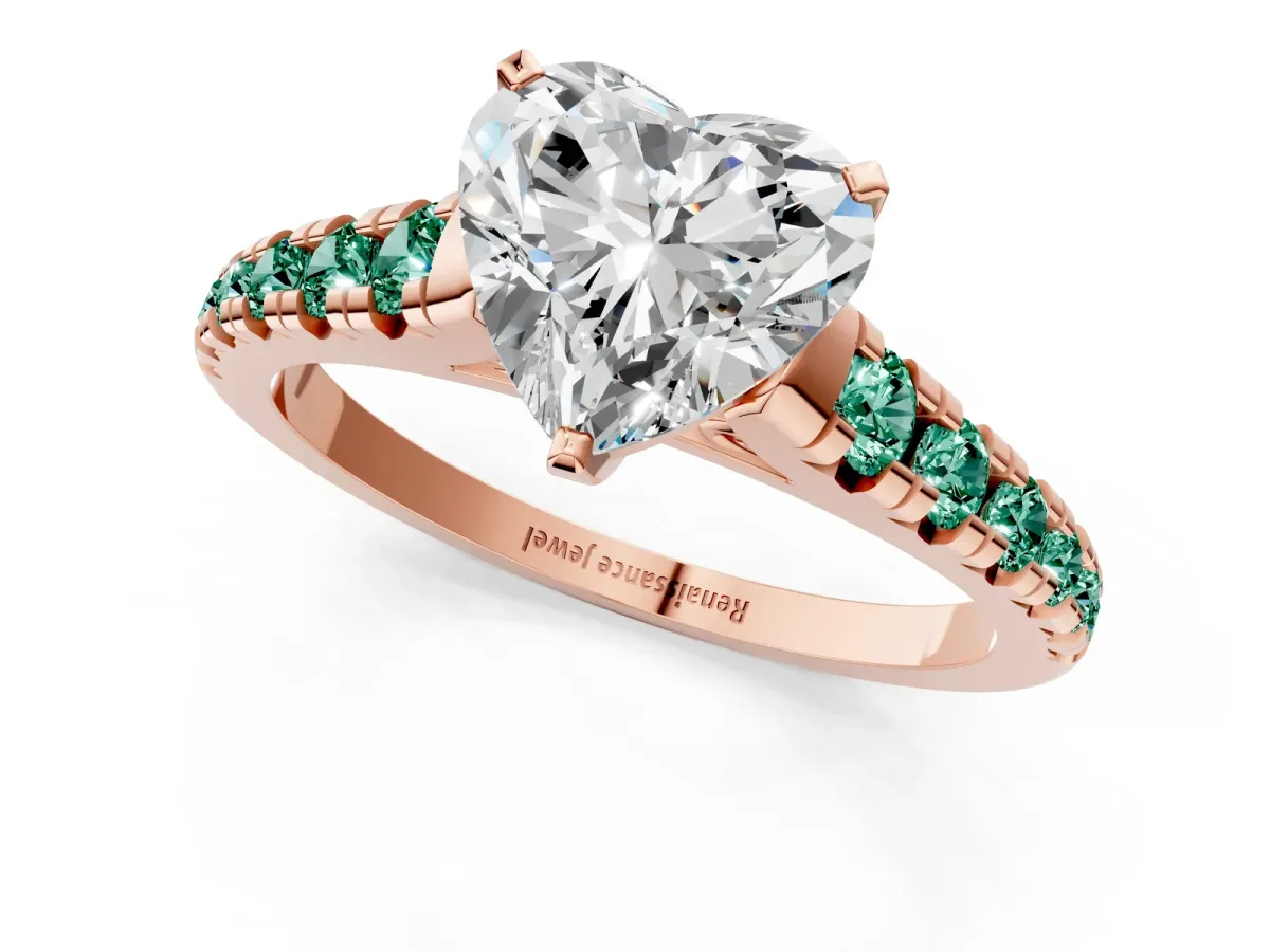 Heart Cut Diamond Cathedral Solitaire Ring with Round Green Sapphire Pavé Band Rose gold