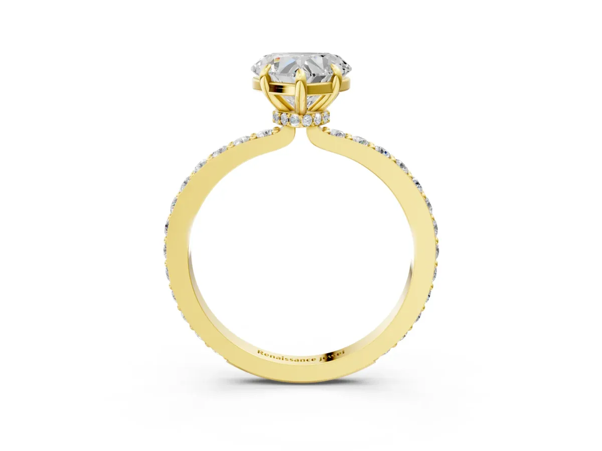 Heart Cut Diamond Solitaire Engagement Ring with Pavé Band and Four-Prong Setting Yellow gold