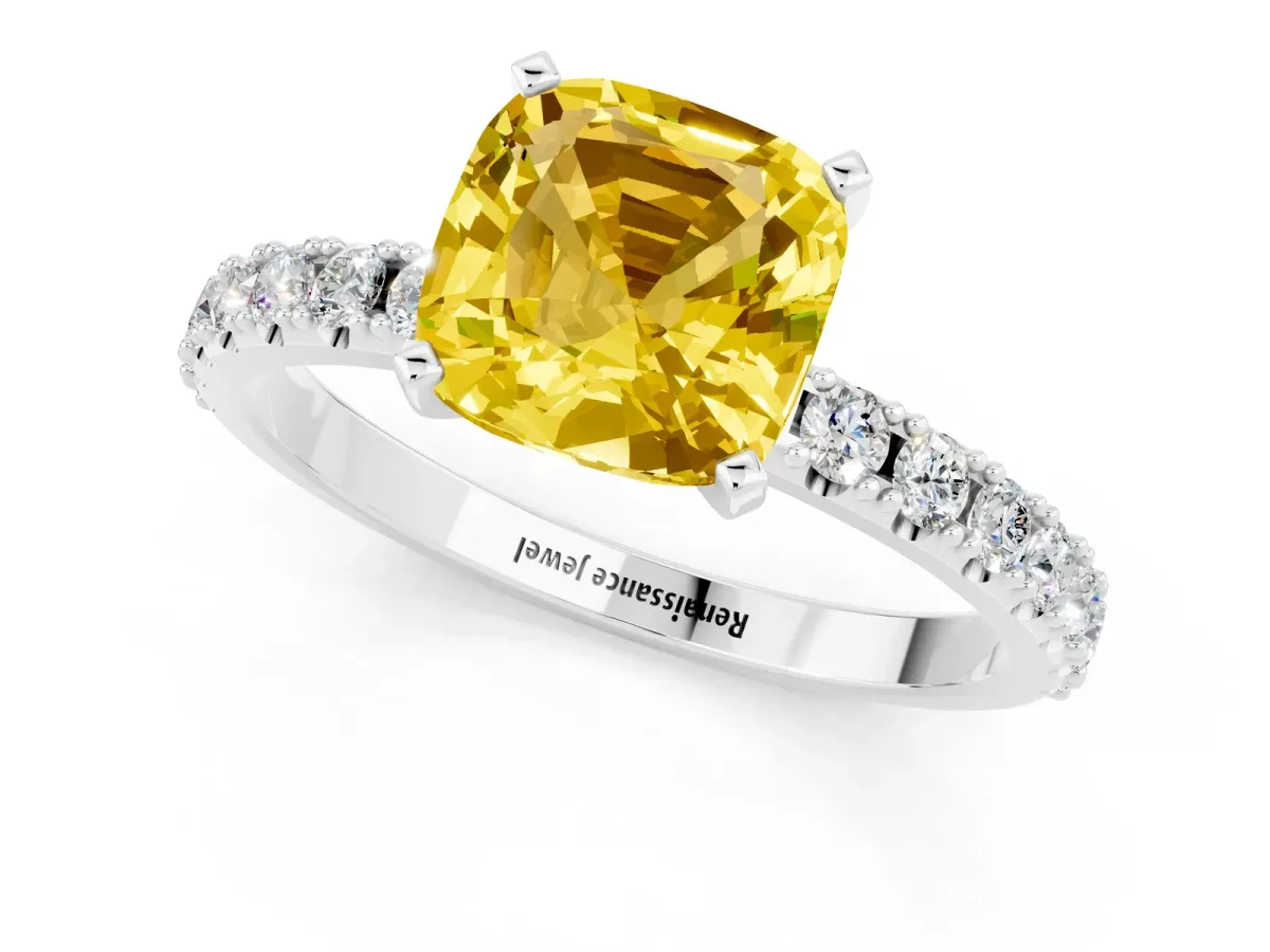 Cushion Cut Yellow Sapphire Solitaire Pavé Band with Four-Prong Setting Silver